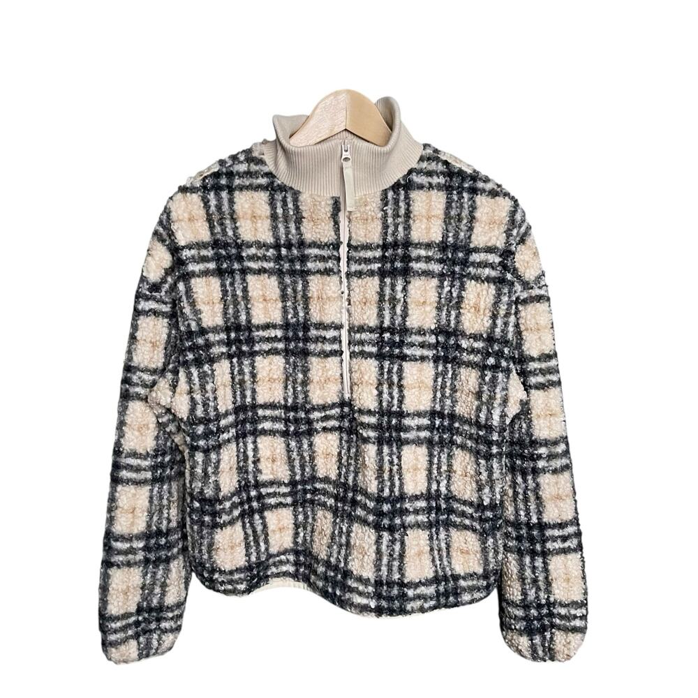 Basin and Range Sherpa Pullover Jacket Sz S Cream Black Plaid Fleece Cozy Casual